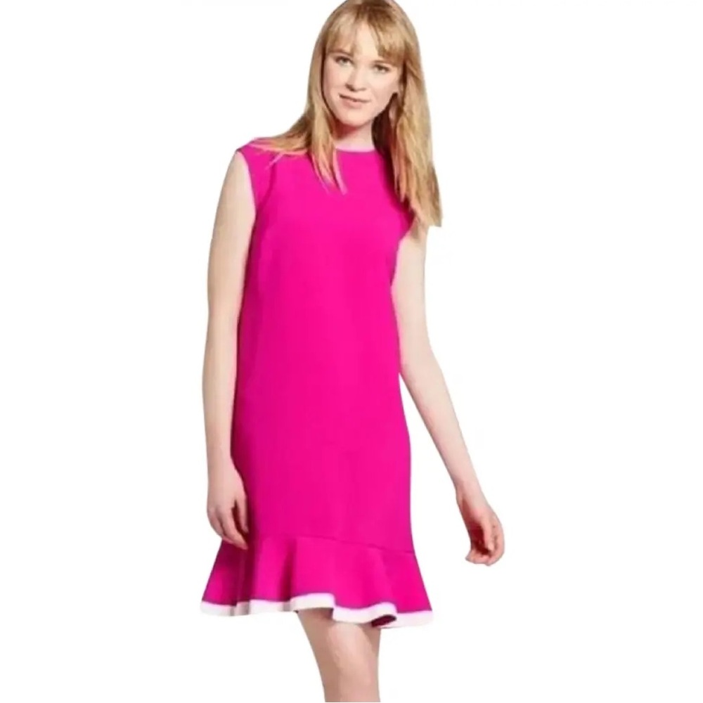 Victoria Beckham Pink Ruffled Sheath Dress Mock Neck Sleeveless
